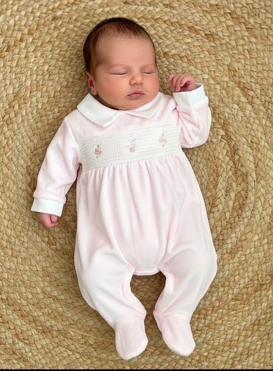TOY baby pink girls soft velour smocked toy romper