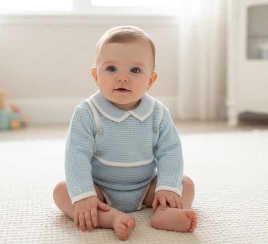 WAFFLES baby boys knitted mock bib all in one romper
