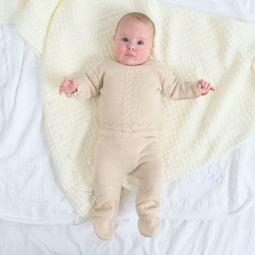 DIXIE baby girls boys neutral beige cable knitted jumper trousers