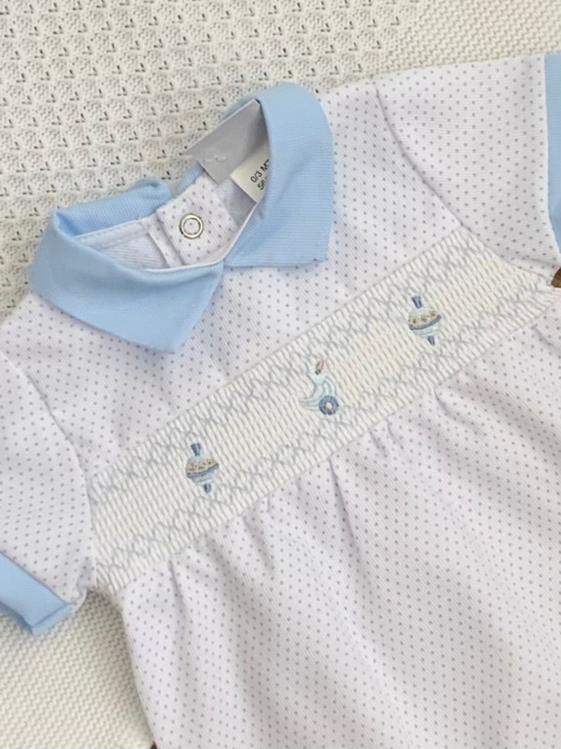 TRADITIONAL baby boys toys smocked cotton romper blue white