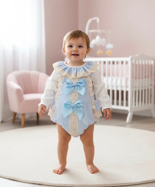 CAROLER girls toddlers blue cream corduroy all in one dungerees white blouse