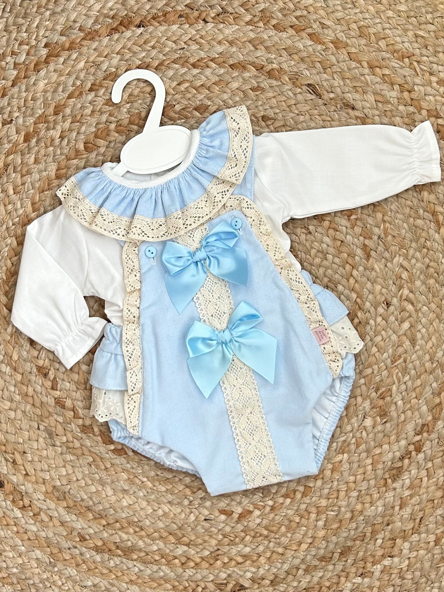 CAROLER girls toddlers blue cream corduroy all in one dungerees white blouse