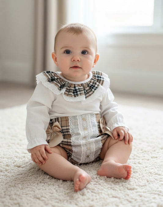 RAVEL girls toddlers beige cream checked jam pants  all in one dungerees white blouse