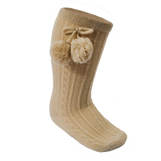 BOBBY beige white unisex boys girls knee high pom pom socks