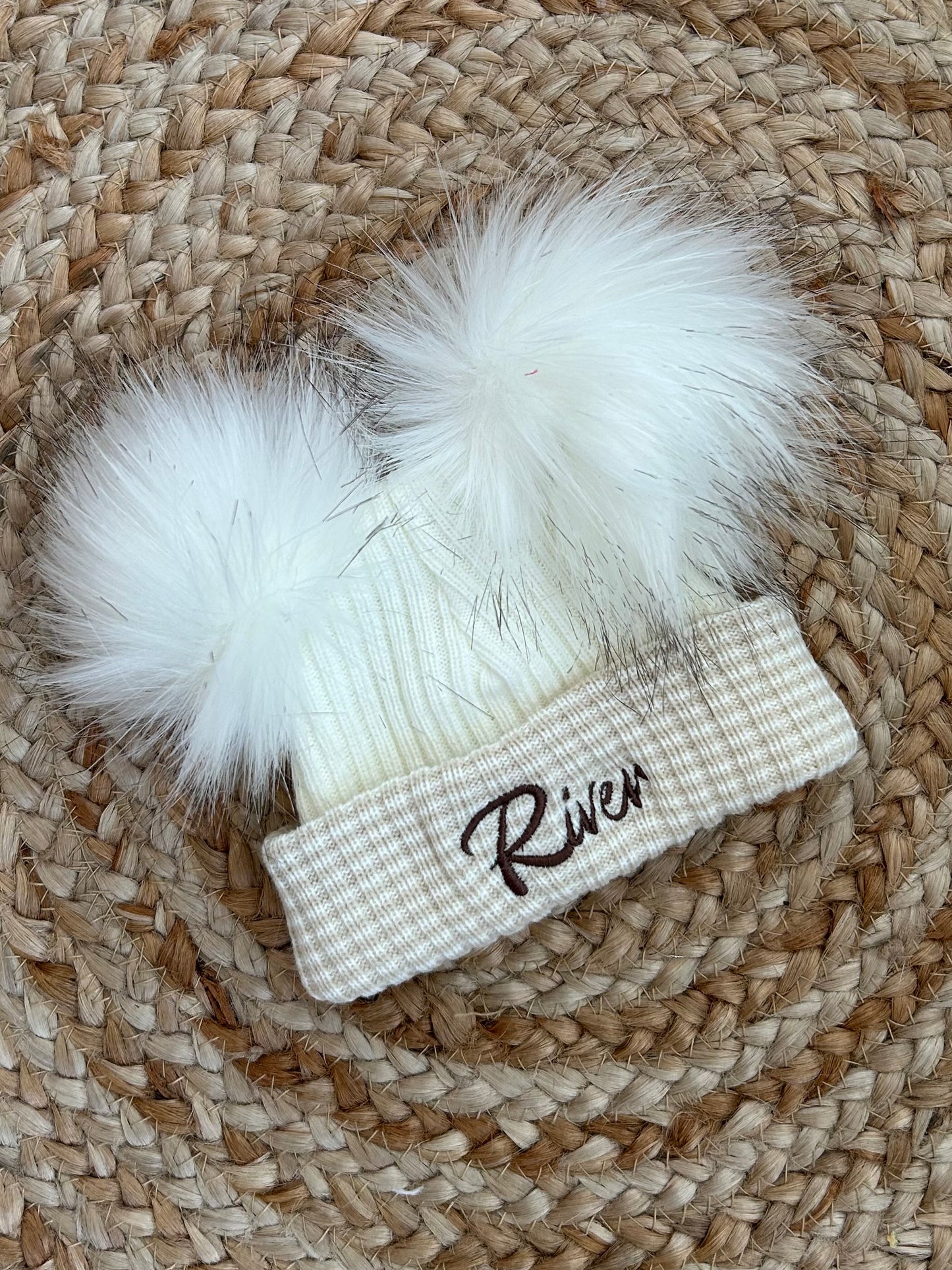 PERSONALISED babies neutral faux pom hat
