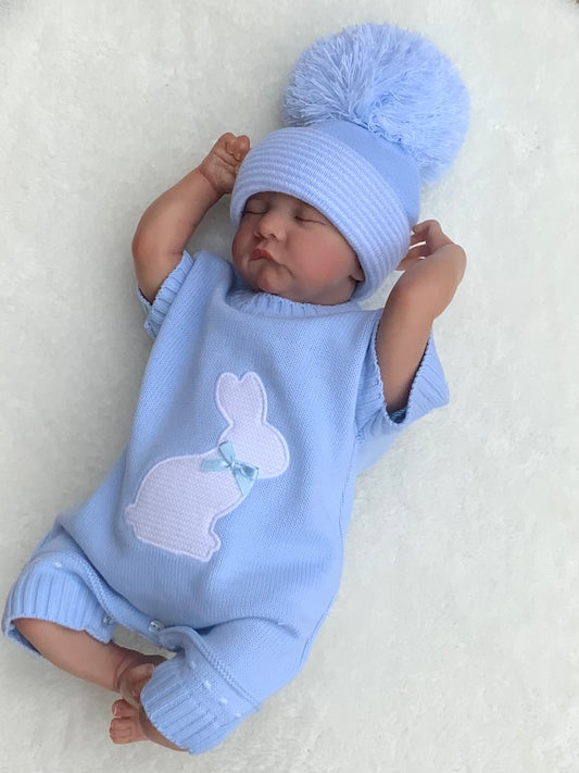DANDY baby boys blue knitted all one shorts romper bunny motif