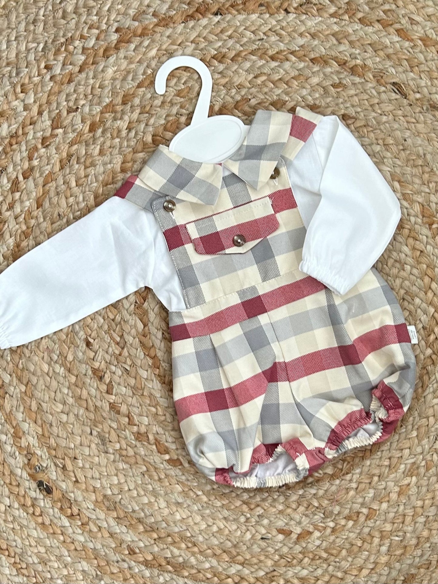 CHEQUER baby boys toddlers red beige checked all in one dungerees white shirt