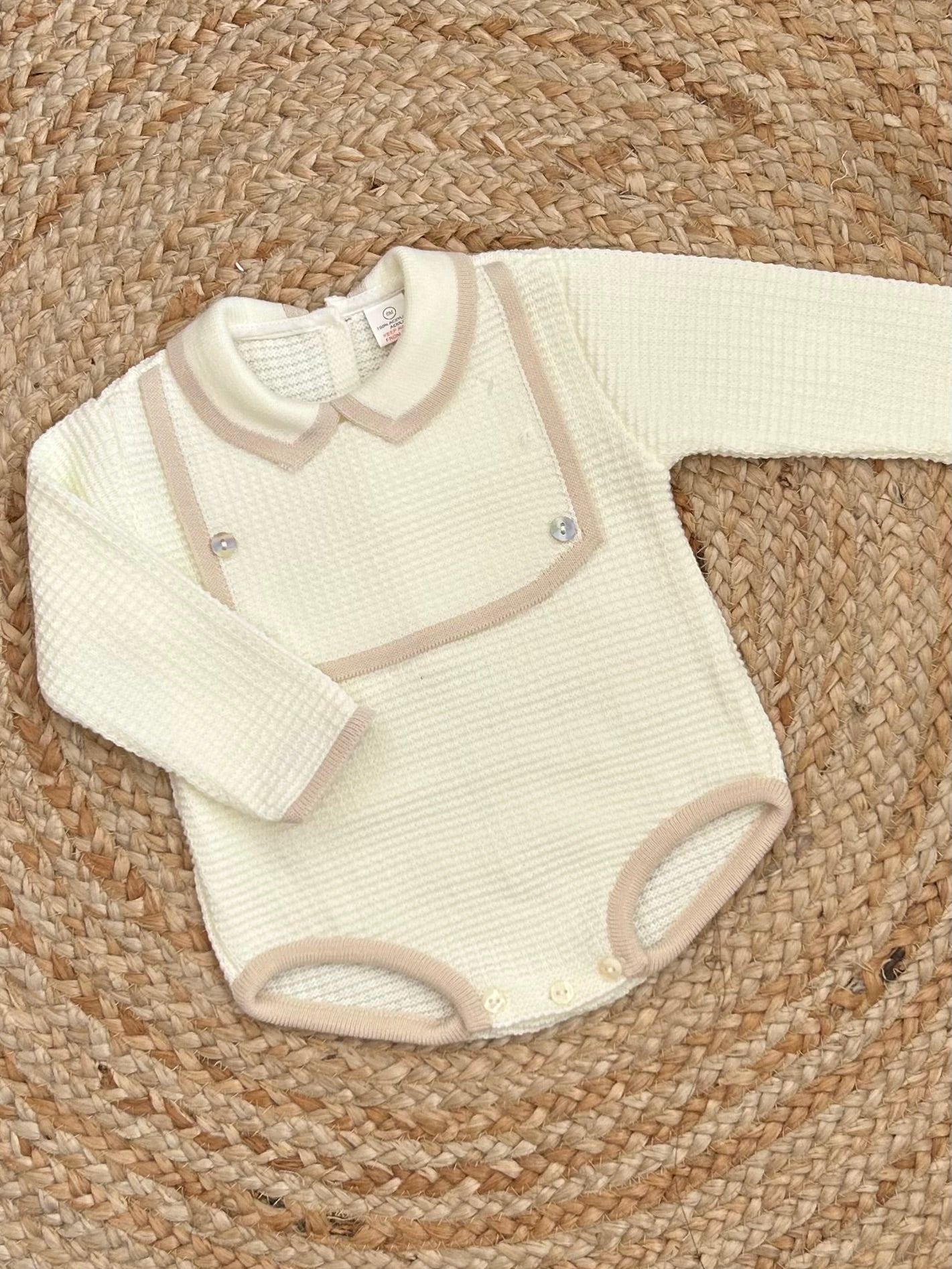 WAFFLES baby boys girls knitted all in one mock bib romper cream beige