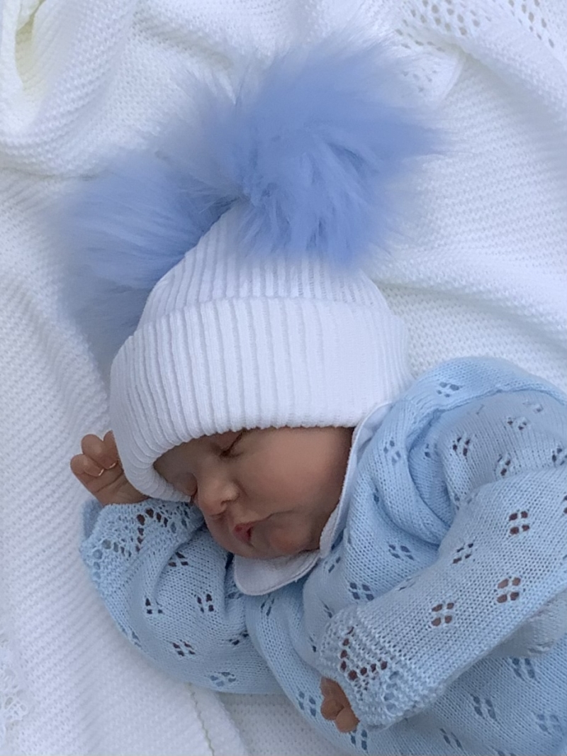 BOBBY babies knitted faux fur hat white blue pom pom