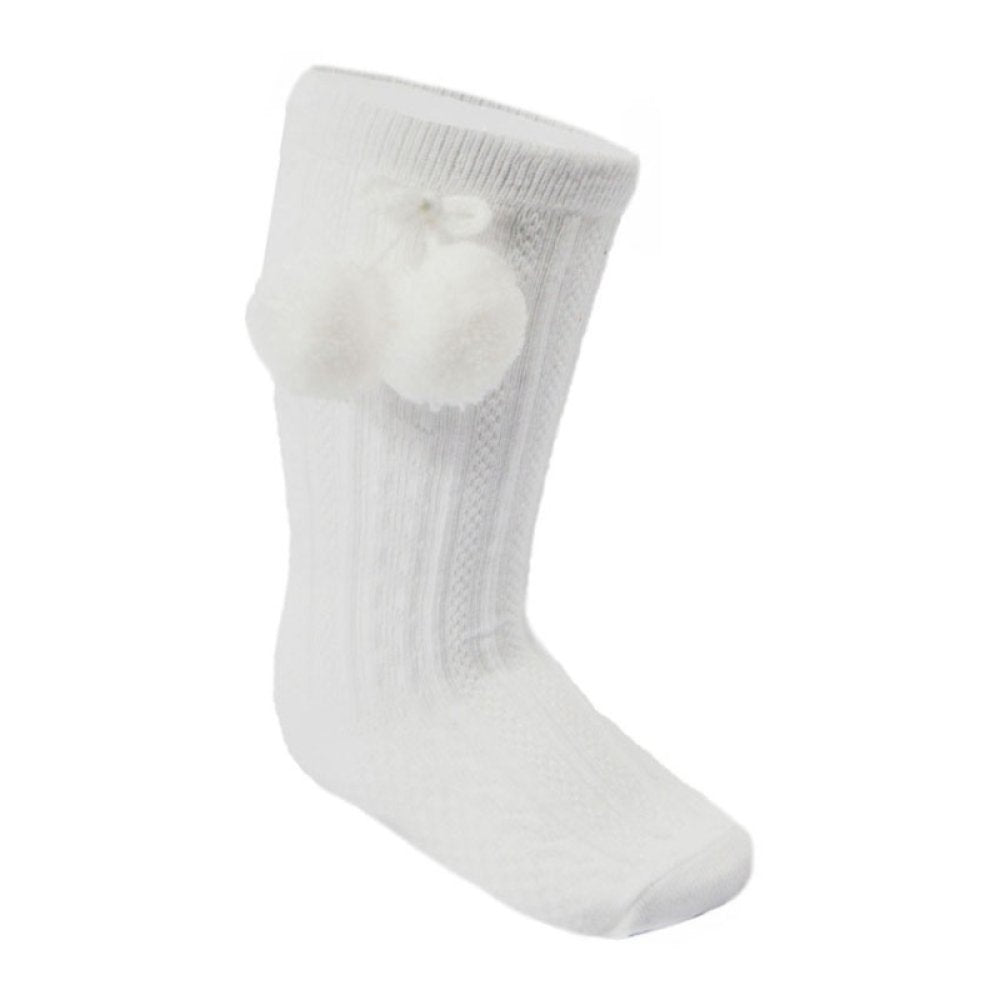 BOBBY baby boys girls knee high pom pom socks in white