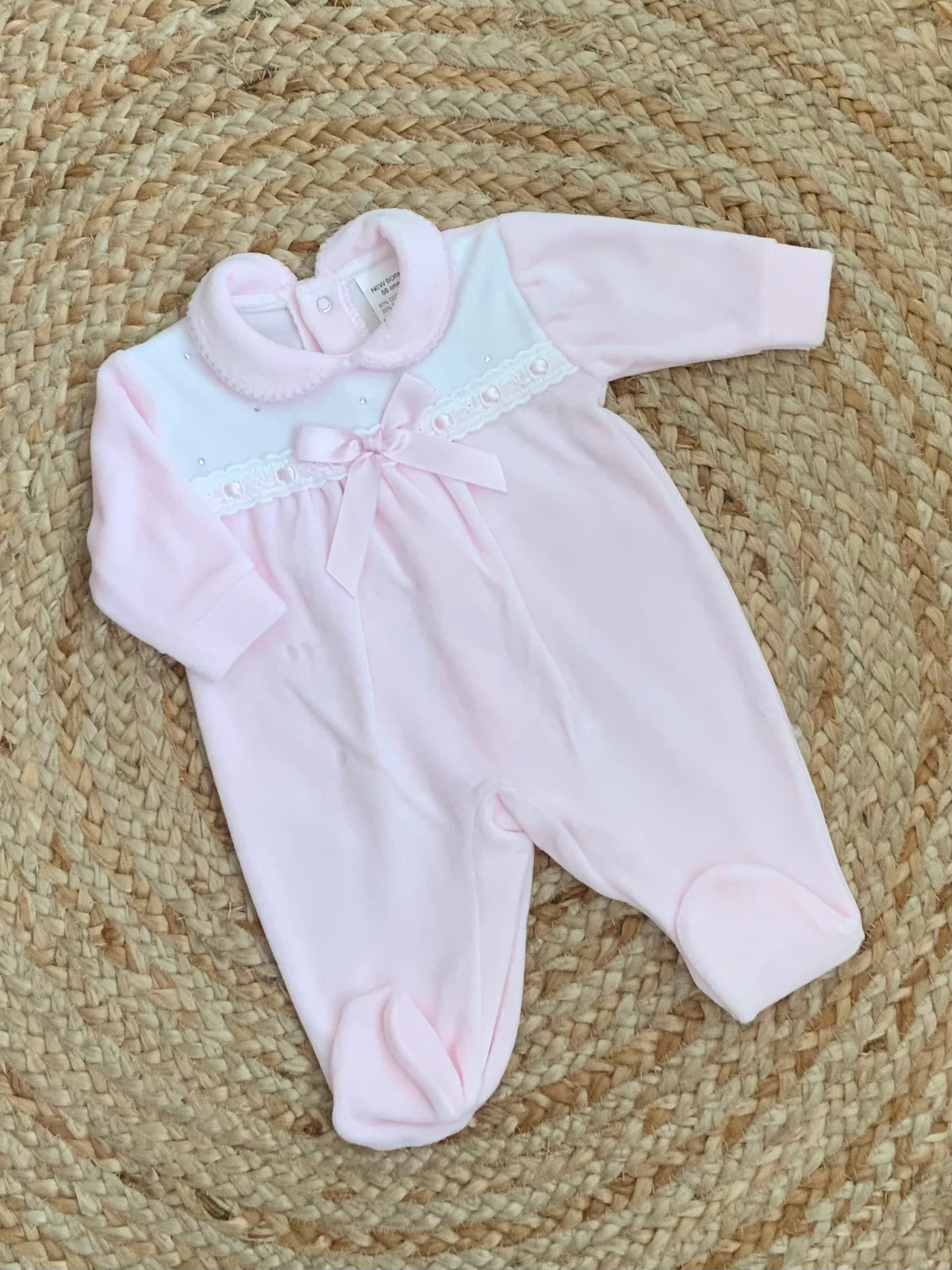 RUBY baby girls pink soft velour all in one romper diamante detailing