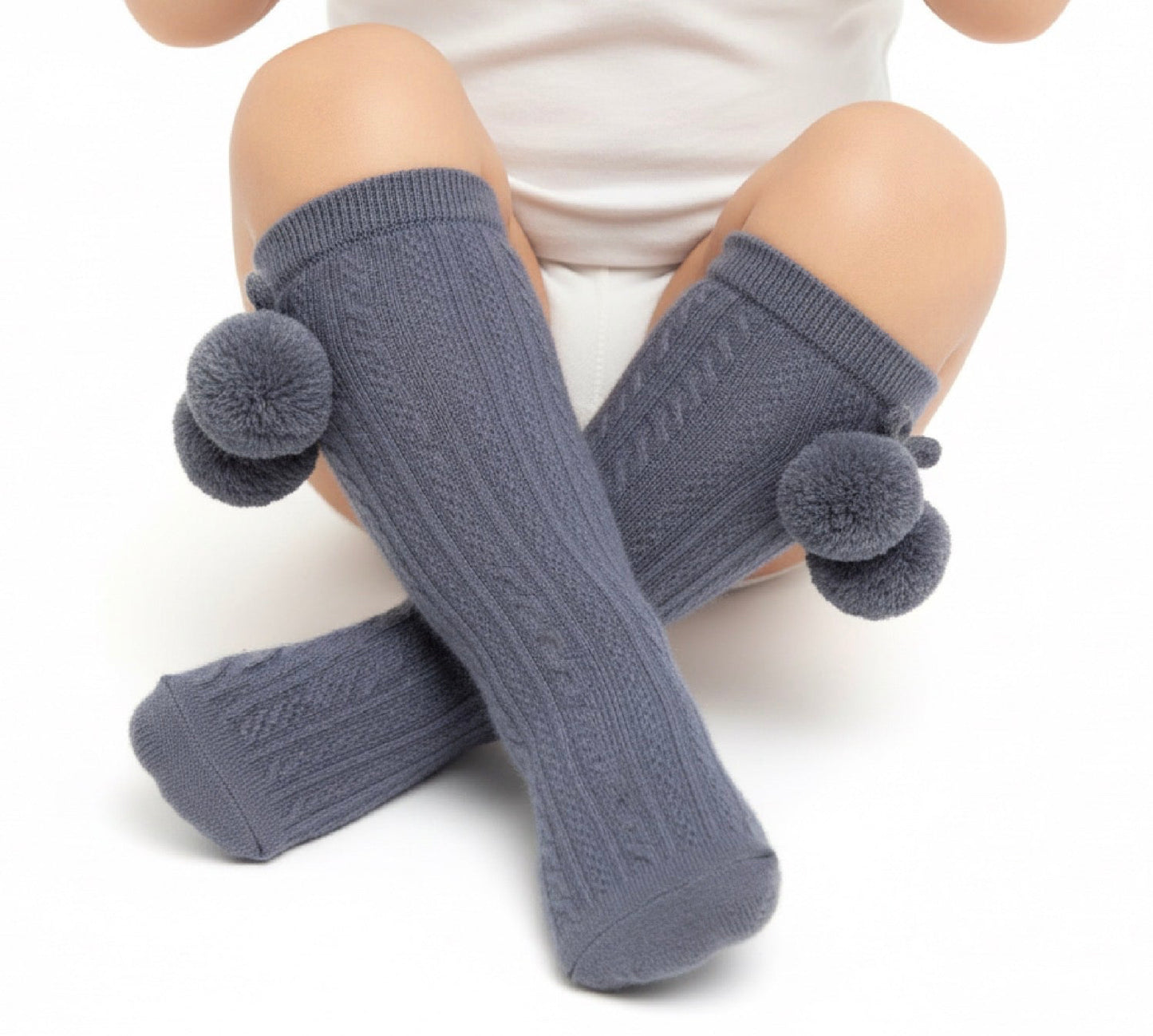 BOBBY denim blue baby boys girls knee high pom pom socks