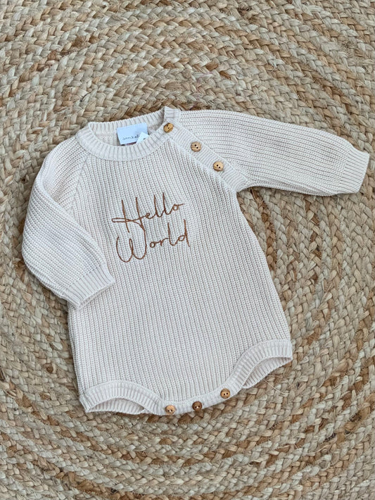 HELLO WORLD ribbed all in one romper beige brown boys girls unisex