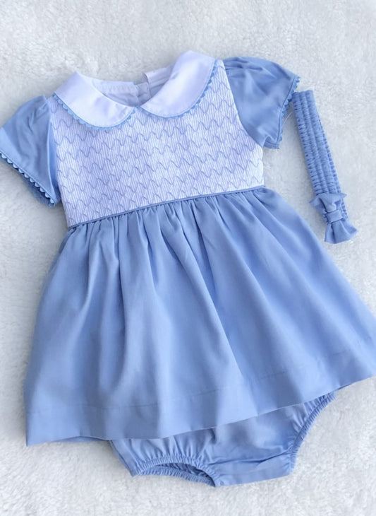 MABEL blue white cotton smocked dress pants headband