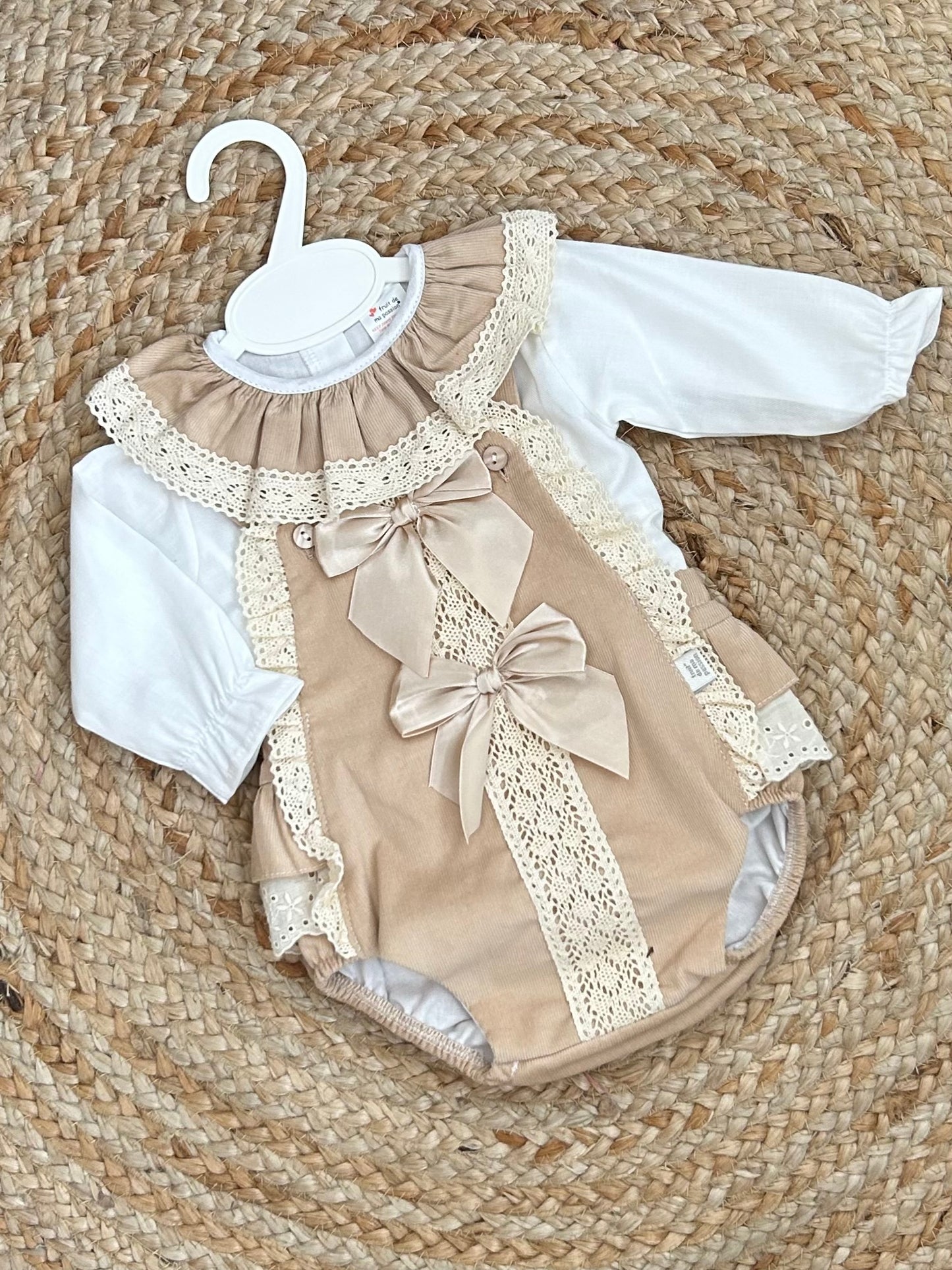 CAROLER girls toddlers beige cream corduroy all in one dungerees white blouse