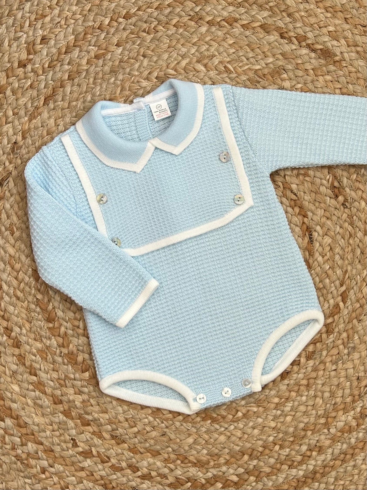 WAFFLES baby boys knitted mock bib all in one romper