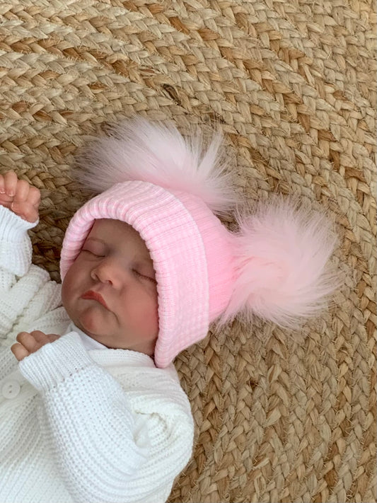 BOBBY baby girls pink white striped knitted pom pom hat