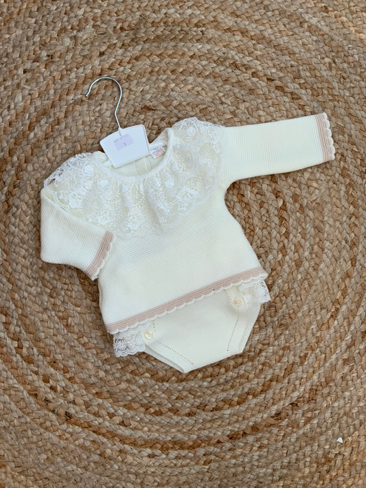 LACIE cream beige knitted jam pants set lace detailing