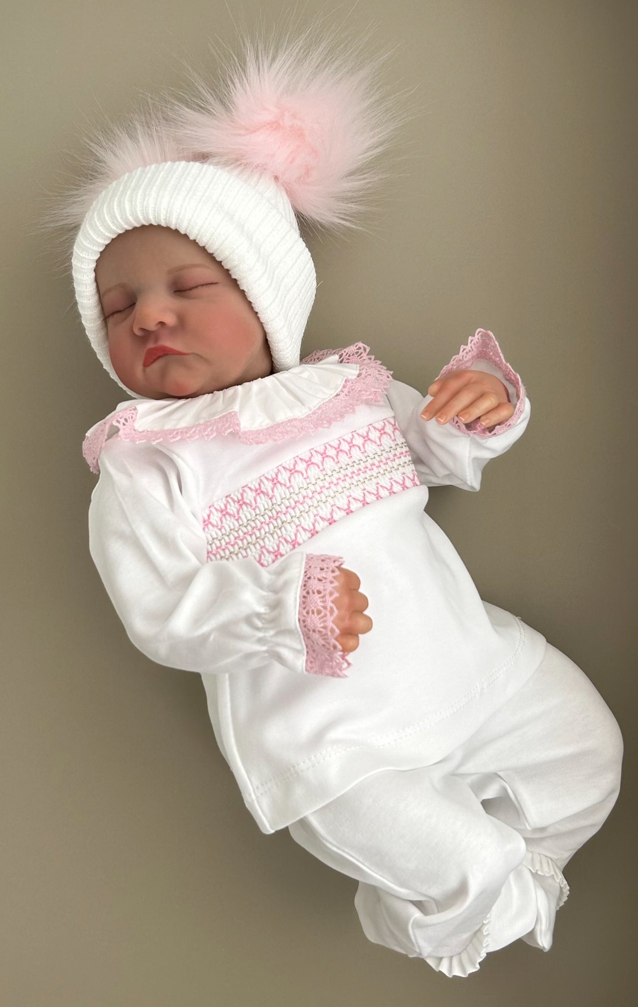 BELLA white pink smocked baby girls set velour jumper trousers