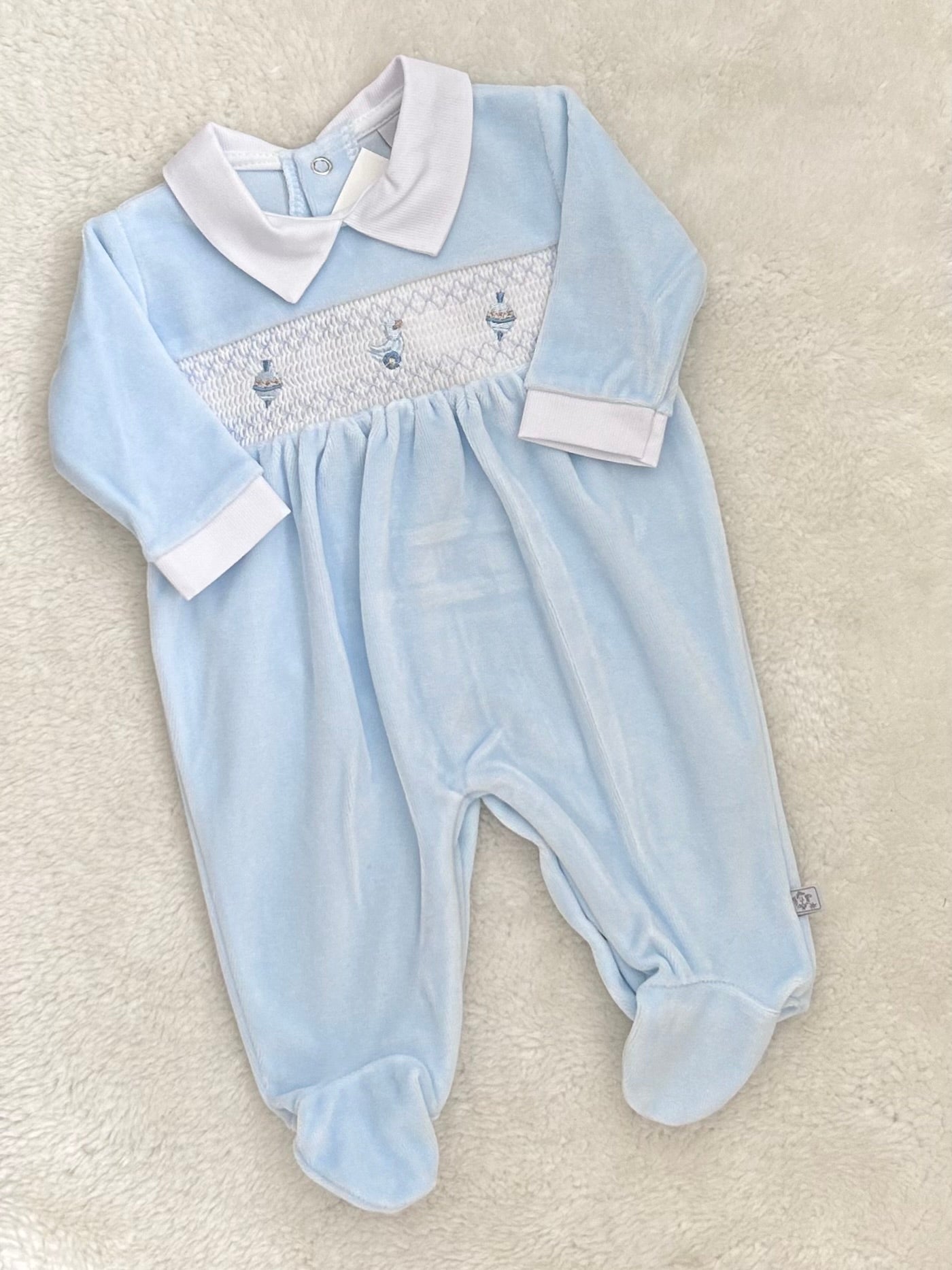 TOY baby blue boys soft velour smocked toy romper