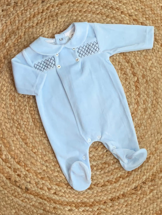 RORY baby boys smocked velour all in one romper