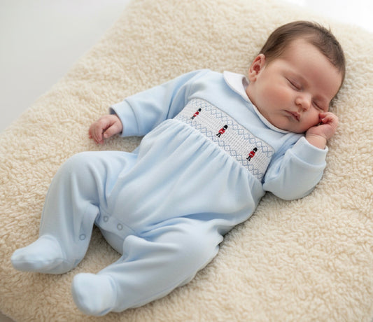 SOLDIER baby boys blue velour smocked romper