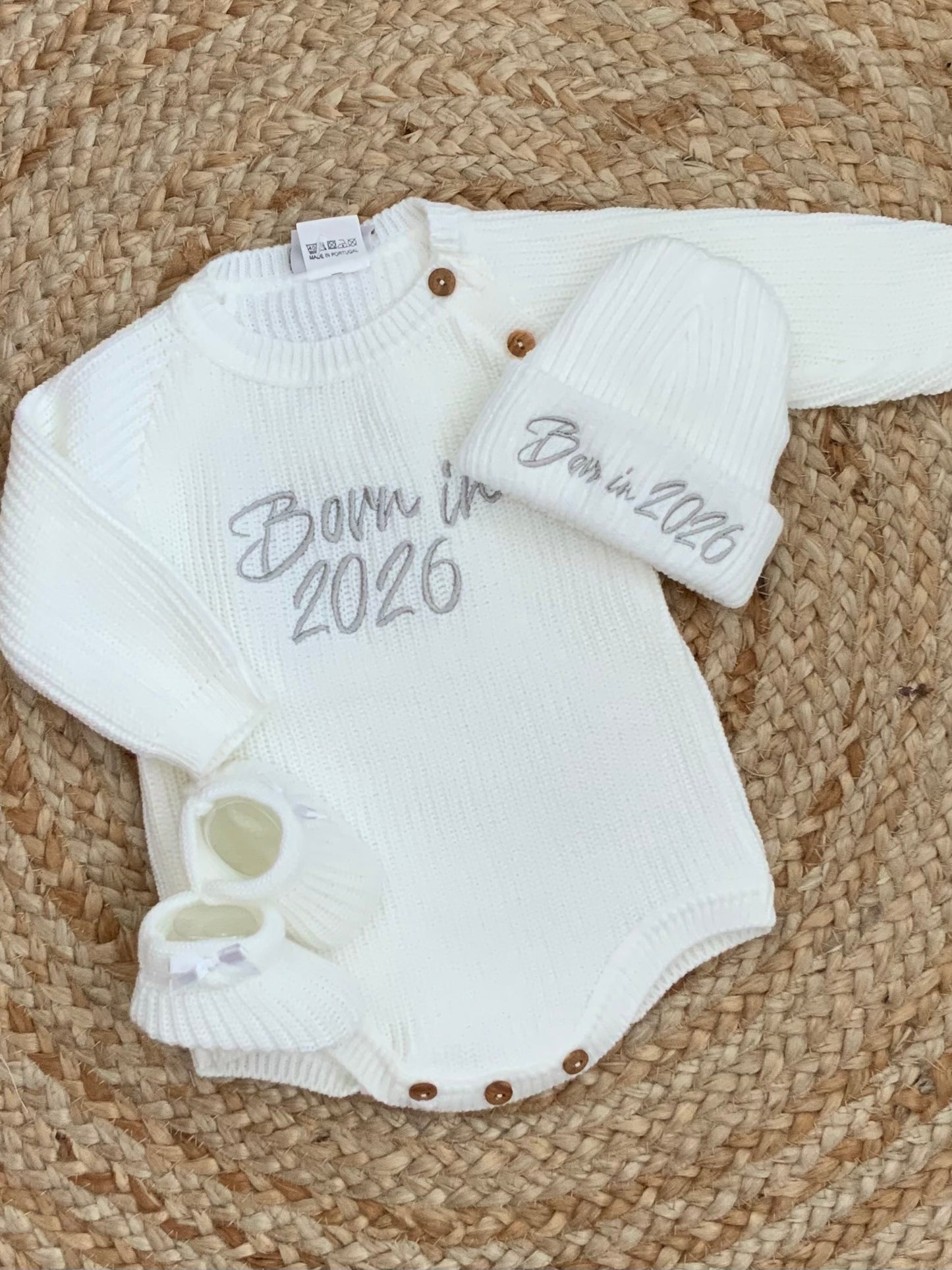 BORN IN 2025 2026 babies ribbed all in one romper white hat boys girls