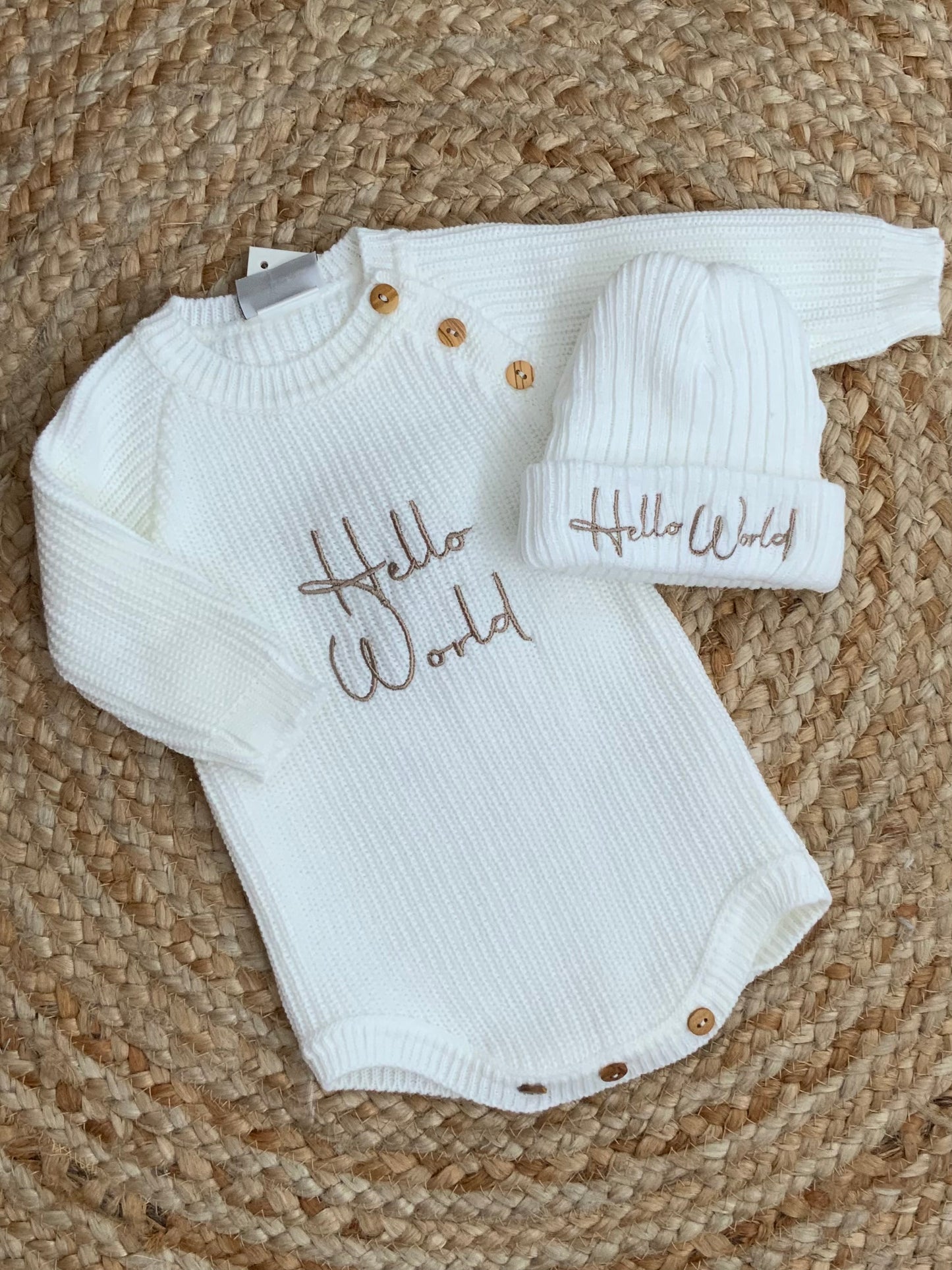 HELLO WORLD loop font embroided knitted all in one romper hat set