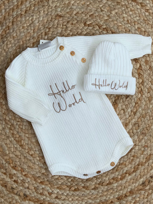 HELLO WORLD loop font embroided knitted all in one romper hat set
