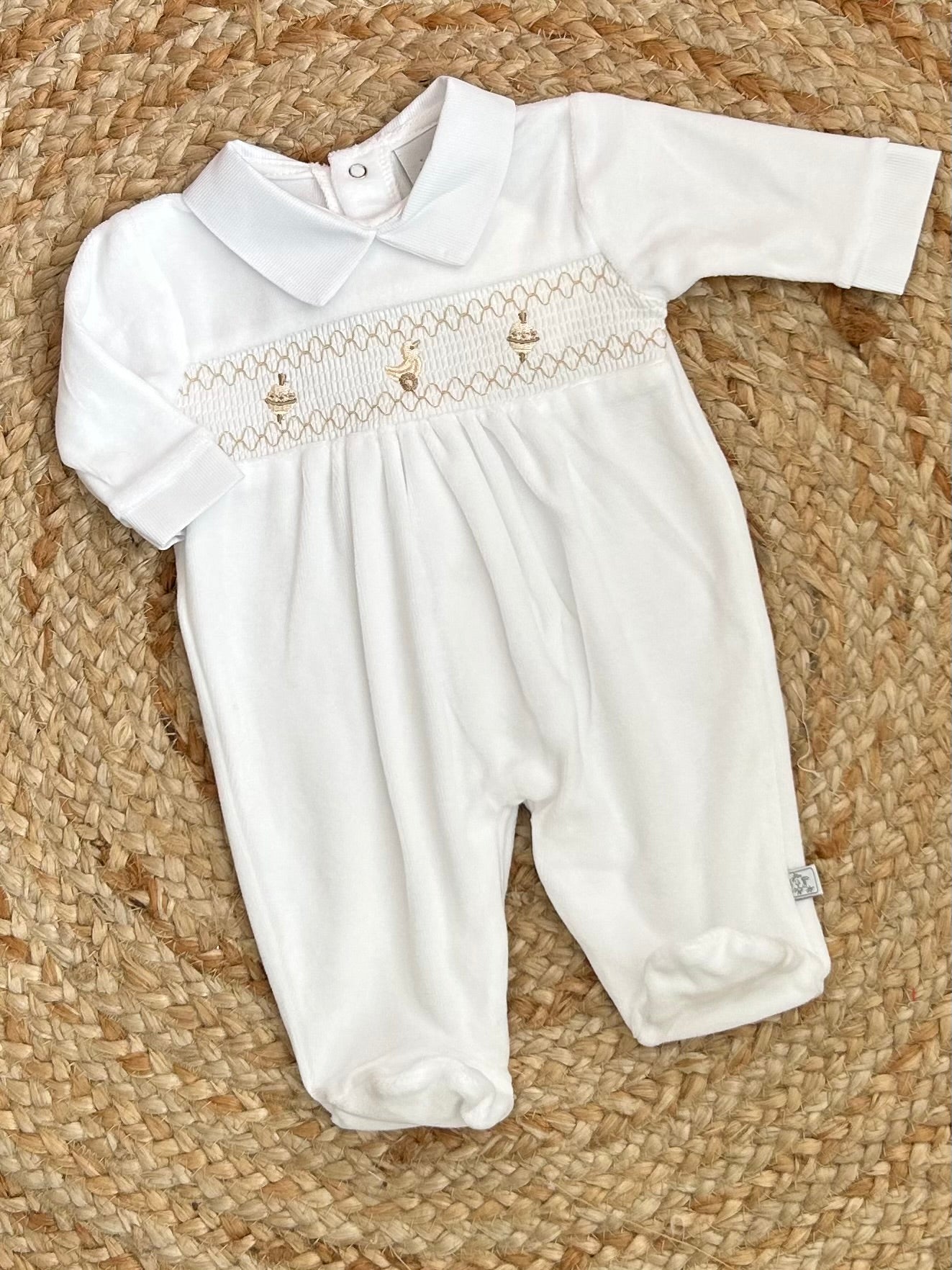 TOY baby neutral white soft velour smocked toy romper
