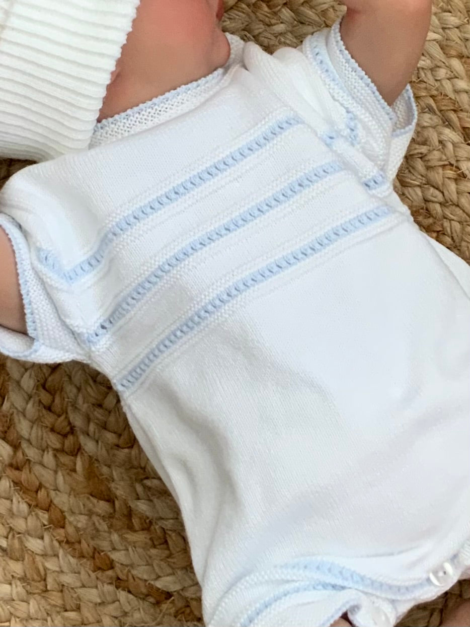 ROCCO babies knitted all in one romper blue pointelle knit