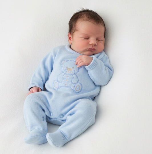 BEARLY baby blue boys knitted teddy motif romper
