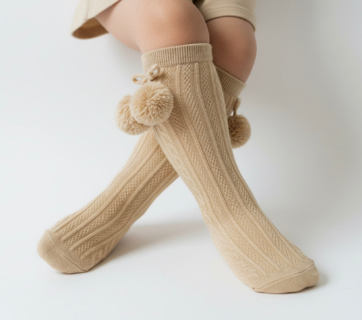 BOBBY beige unisex boys girls knee high pom pom socks