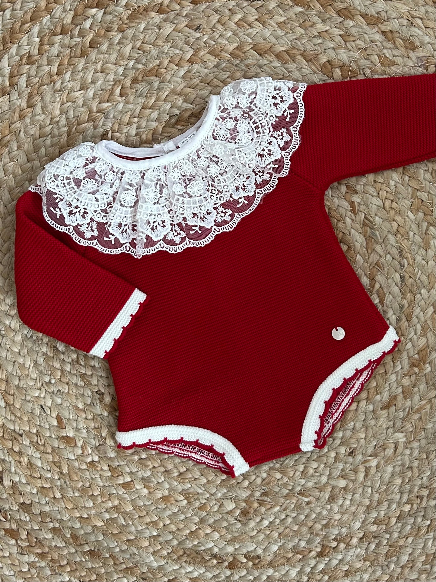 LACIE baby girls knitted all in one romper cream lace collar