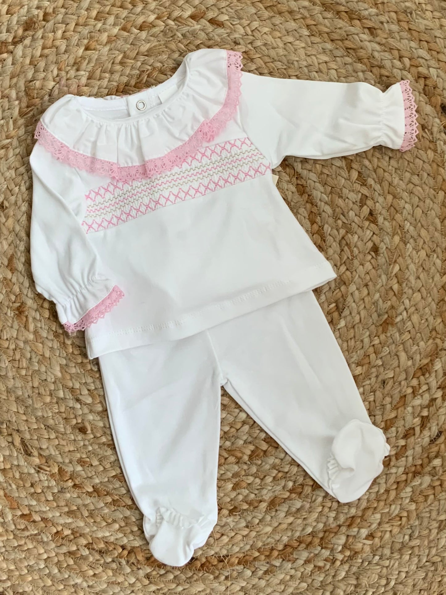 BELLA white pink smocked baby girls set velour jumper trousers