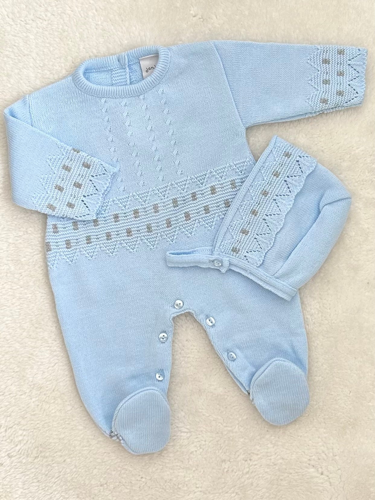 RALPHY baby boys knitted all in one romper blue grey matching hat