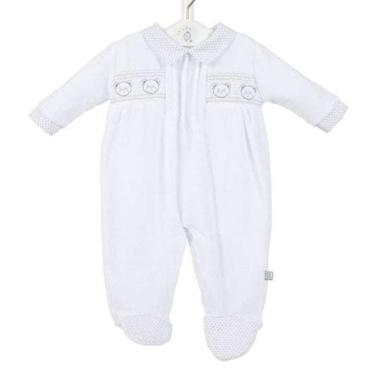 DOTTY babies grey white polka spot teddy bear white smocked romper