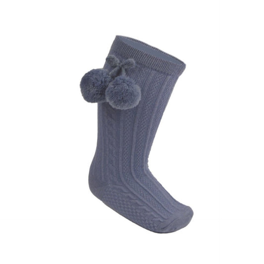 BOBBY denim blue baby boys girls knee high pom pom socks