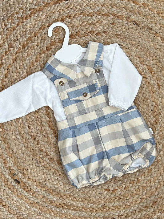 CHEQUER baby boys toddlers blue beige checked all in one dungerees white shirt
