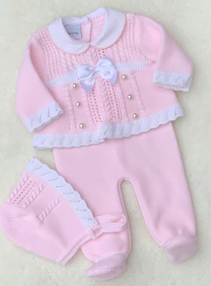 DAISY baby girls knitted 3 piece set jumper bonnet trousers