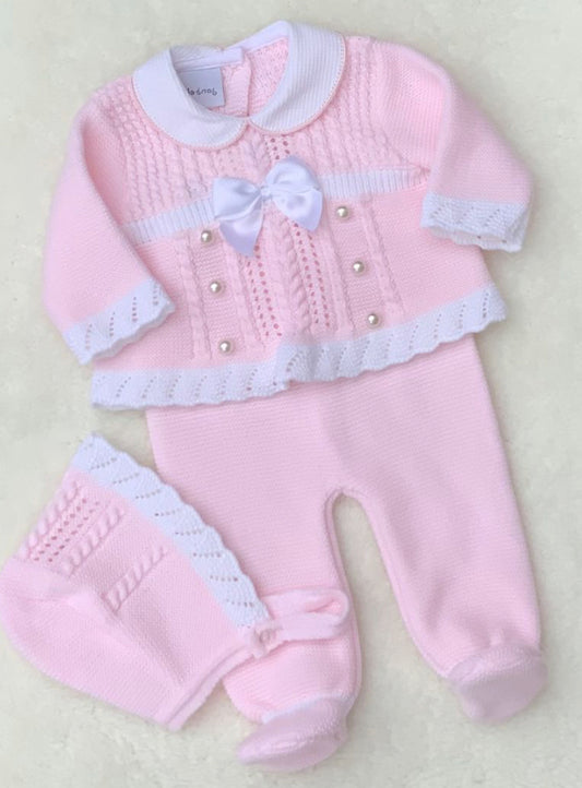 DAISY baby girls knitted 3 piece set jumper bonnet trousers