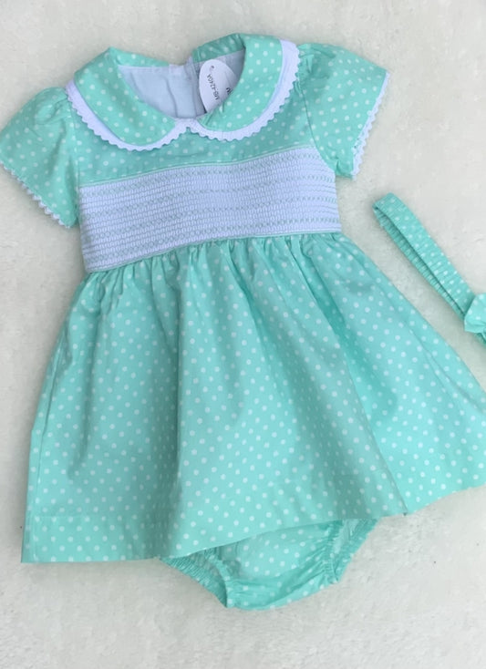 MOLLY baby toddler girls mint green white smocked dress pants headband