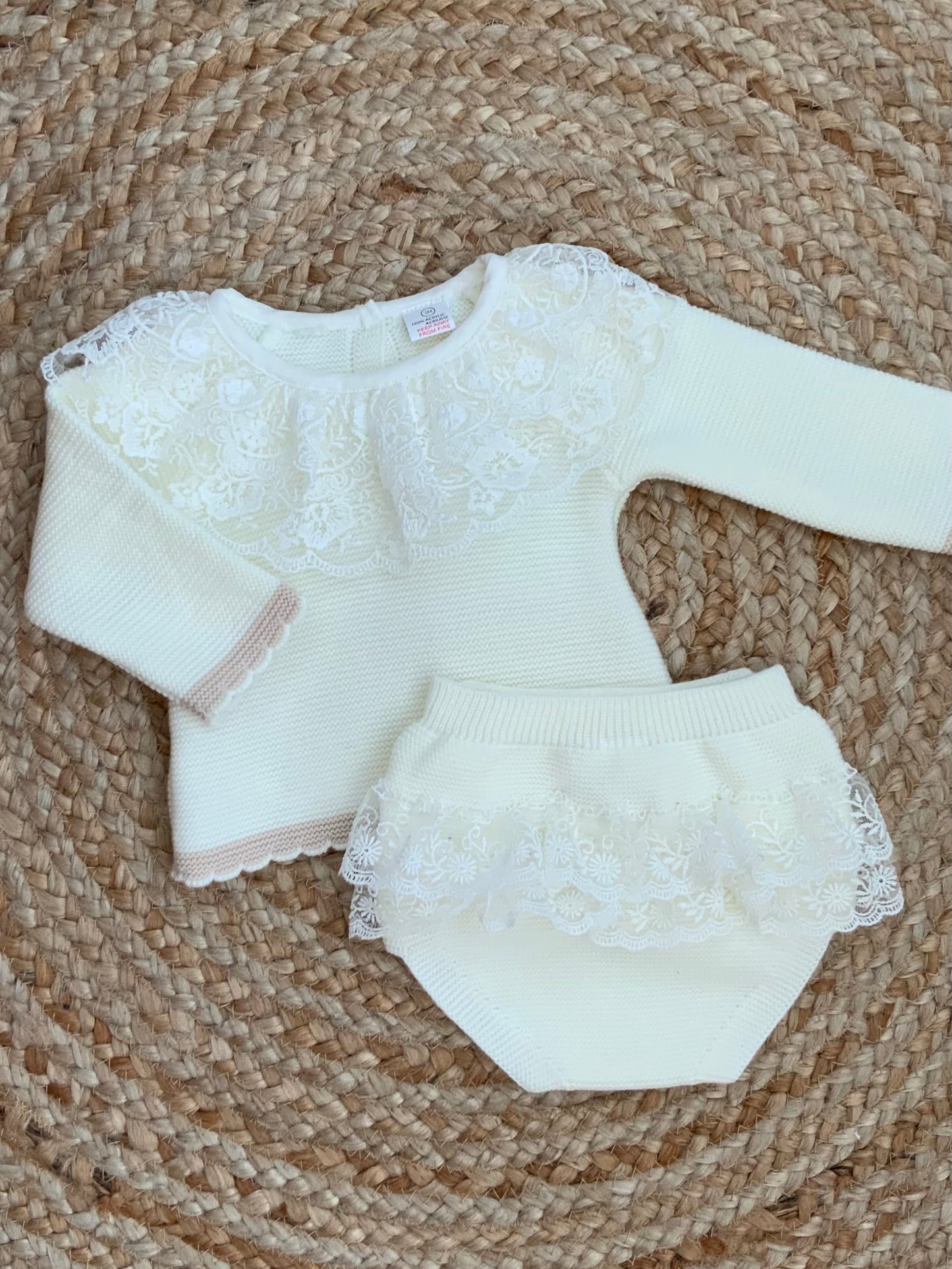 LACIE cream beige knitted jam pants set lace detailing