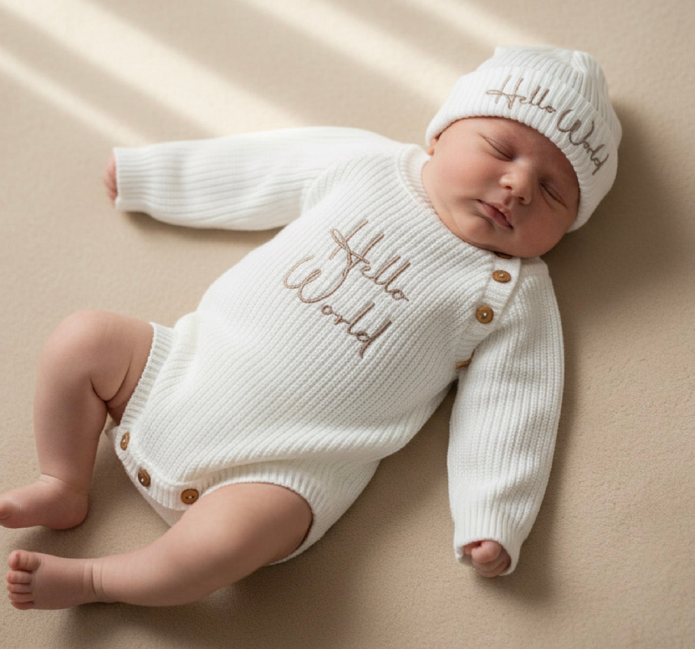HELLO WORLD loop font embroided knitted all in one romper hat set