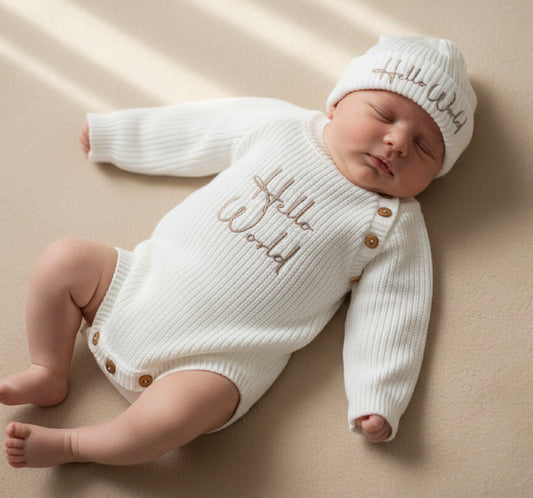 HELLO WORLD loop font embroided knitted all in one romper hat set