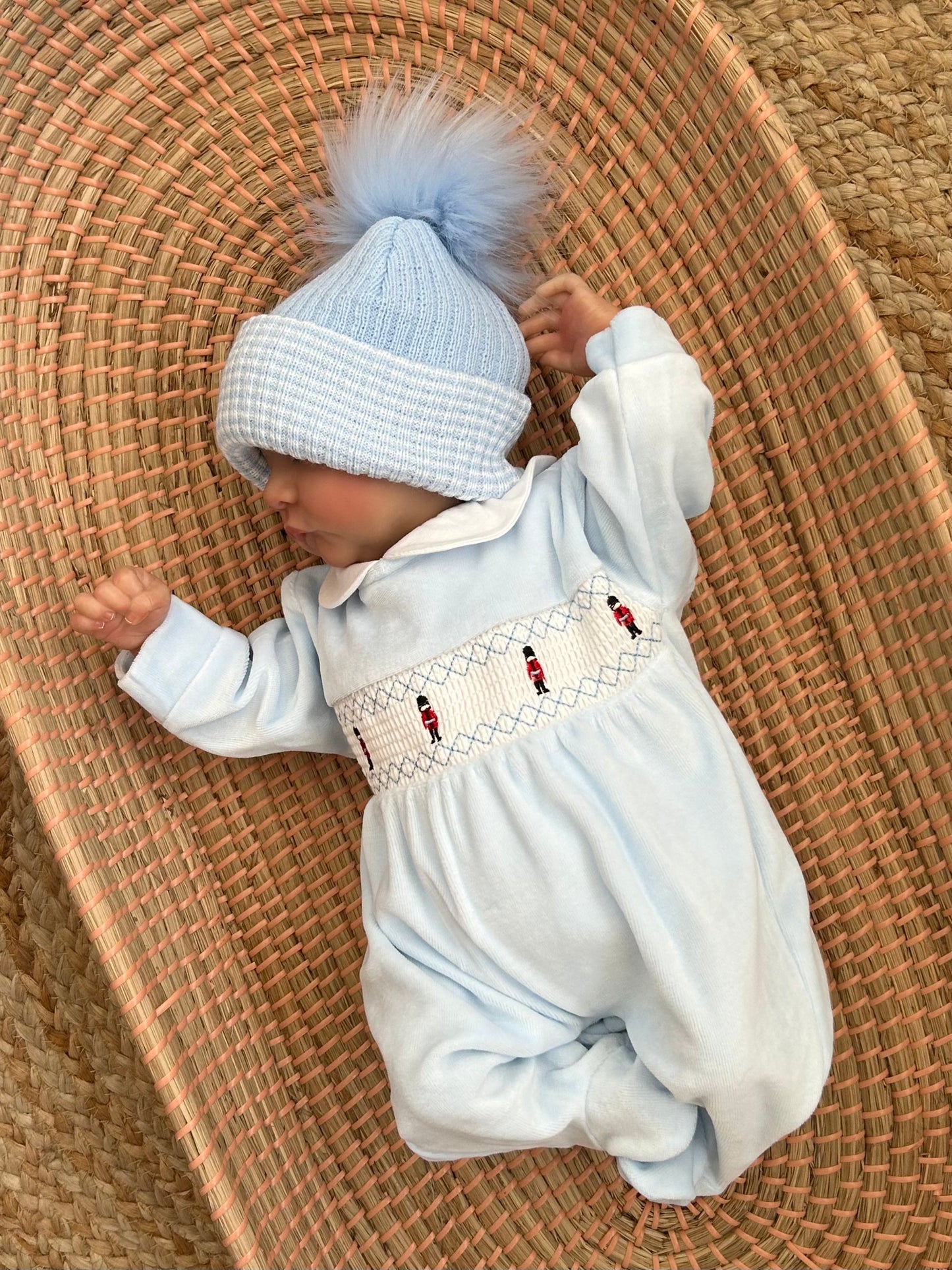 SOLDIER baby boys blue velour smocked romper