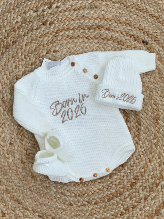 BORN IN 2025 2026 babies ribbed all in one romper white hat boys girls