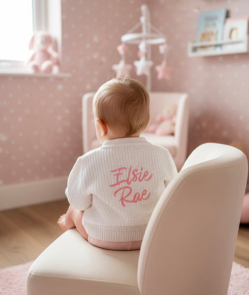 PERSONALISED babies v neck ribbed cardigan gender reveal baby announcment