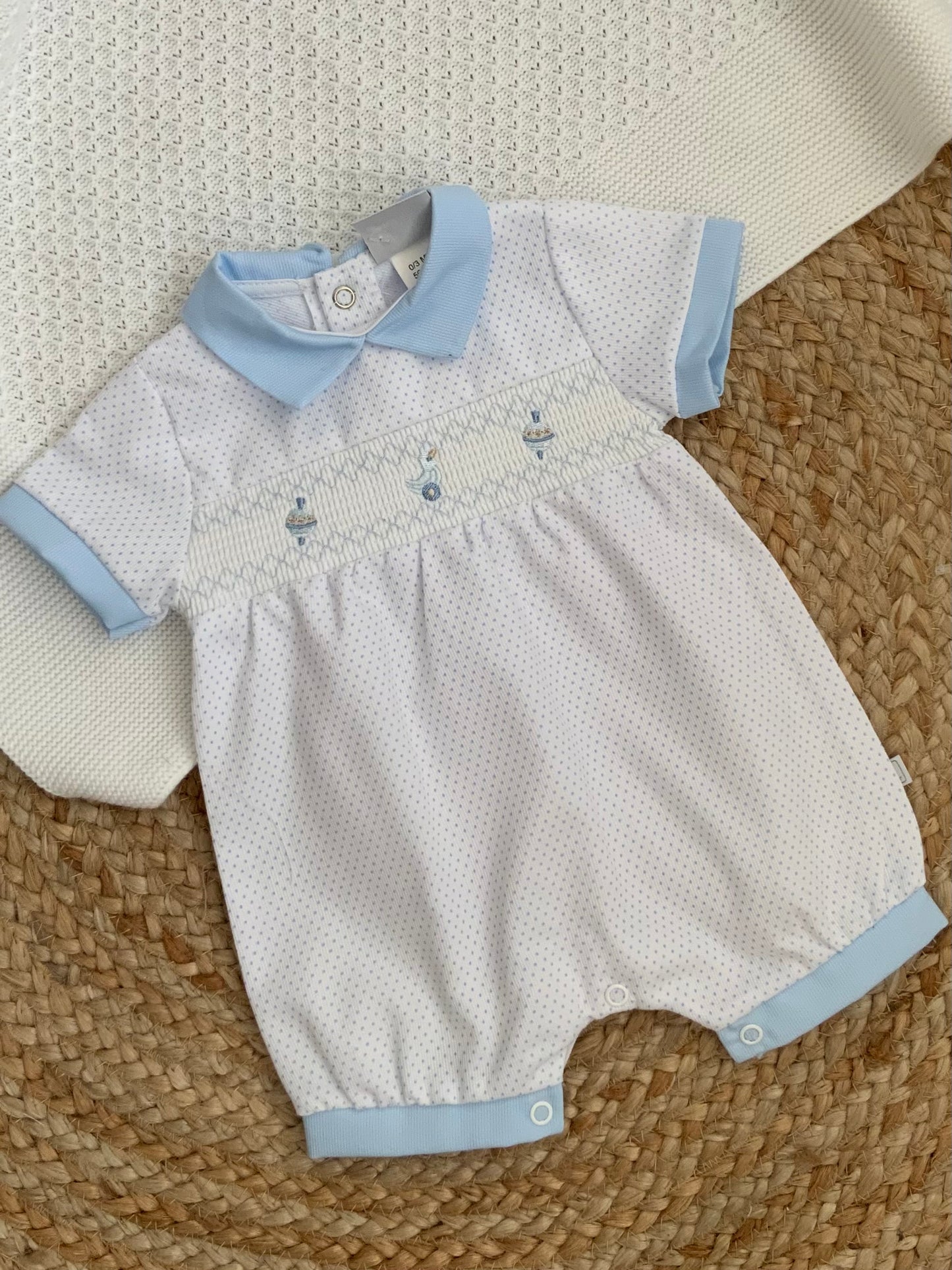 TRADITIONAL baby boys toys smocked cotton romper blue white