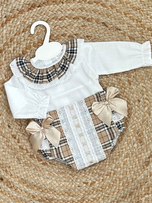 RAVEL girls toddlers beige cream checked jam pants  all in one dungerees white blouse